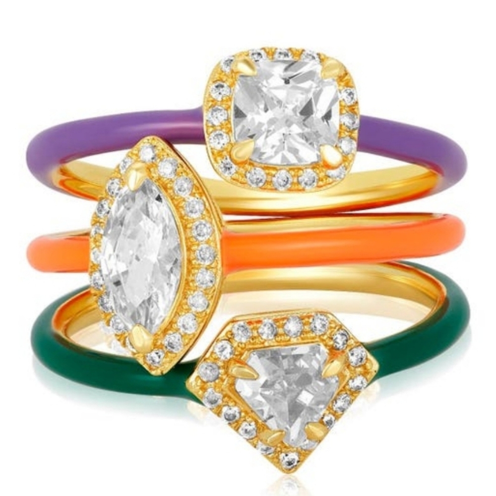 New Melinda Maria Enamel Ring Stacking Stack Set - Diamondette Gold SZ 8